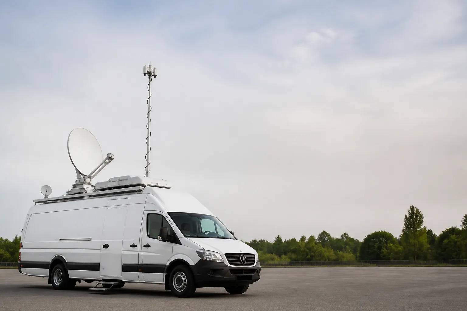 Mobile broadcasting vehicle with transmission equipment and open space.