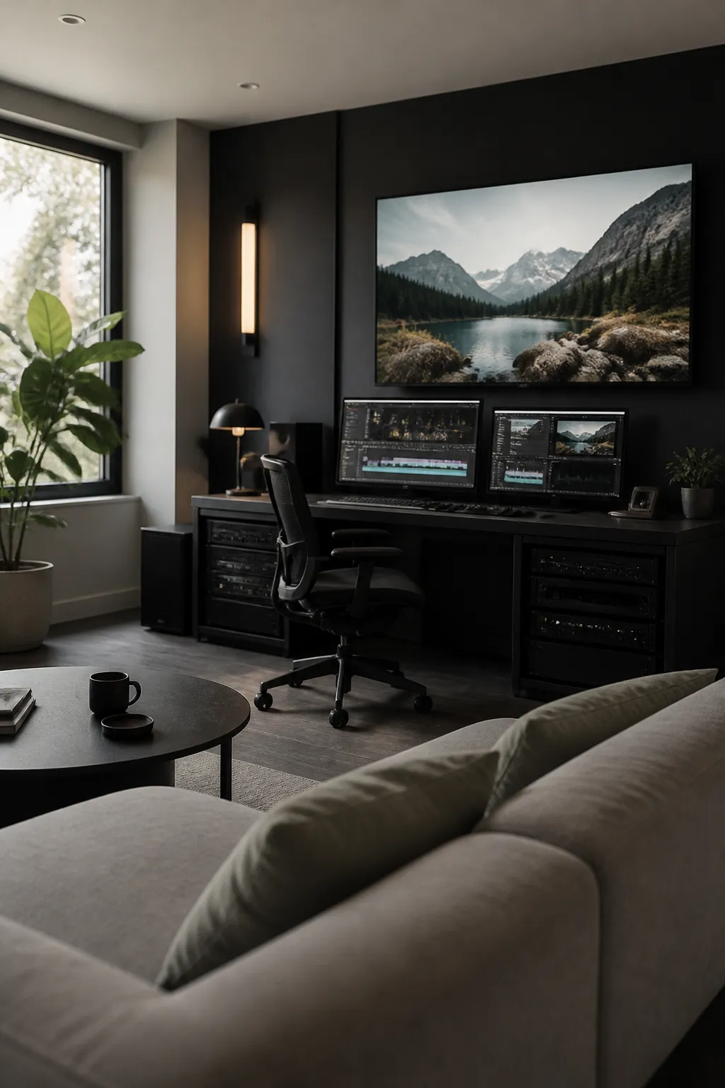 Modern editing suite with glowing monitors in a clean workspace.