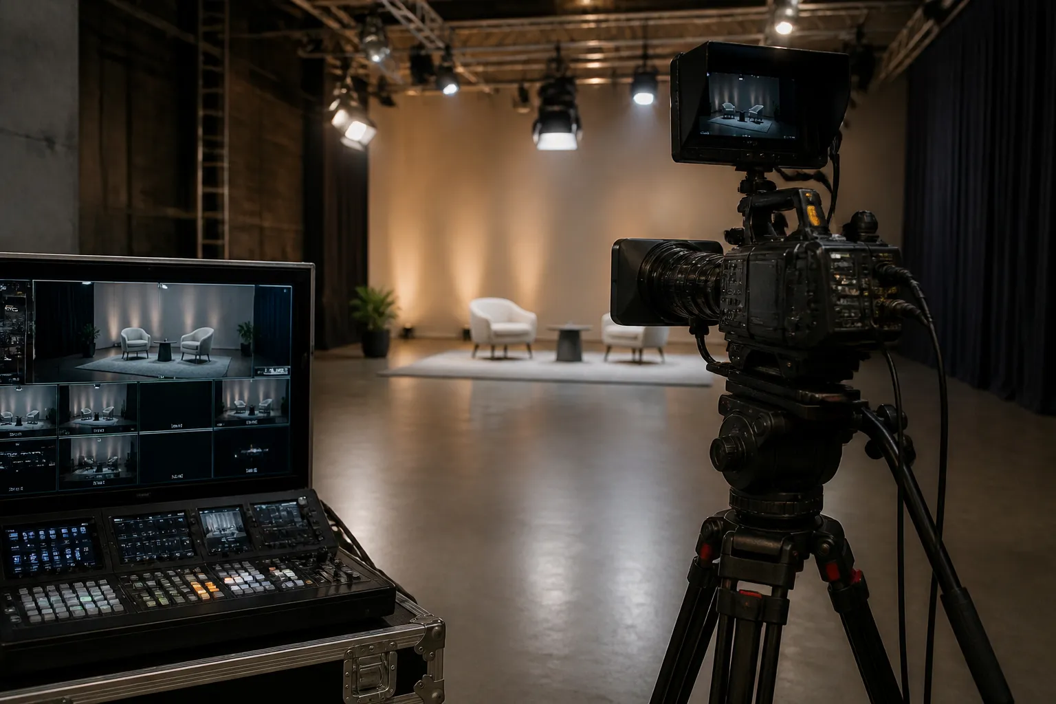 Wide studio video production setup with camera rig and monitors.
